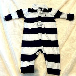 Ralph Lauren Polo. Navy and white striped one piece. Snap crotch.